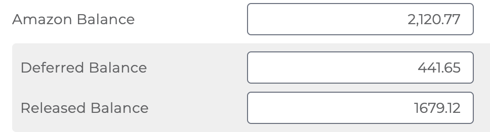Screenshot showing how Bookkeep splits your Amazon balance between deferred and released funds
