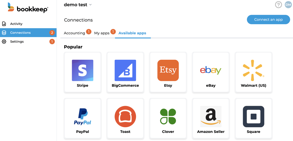 Screenshot of the Amazon Seller integration in Bookkeep