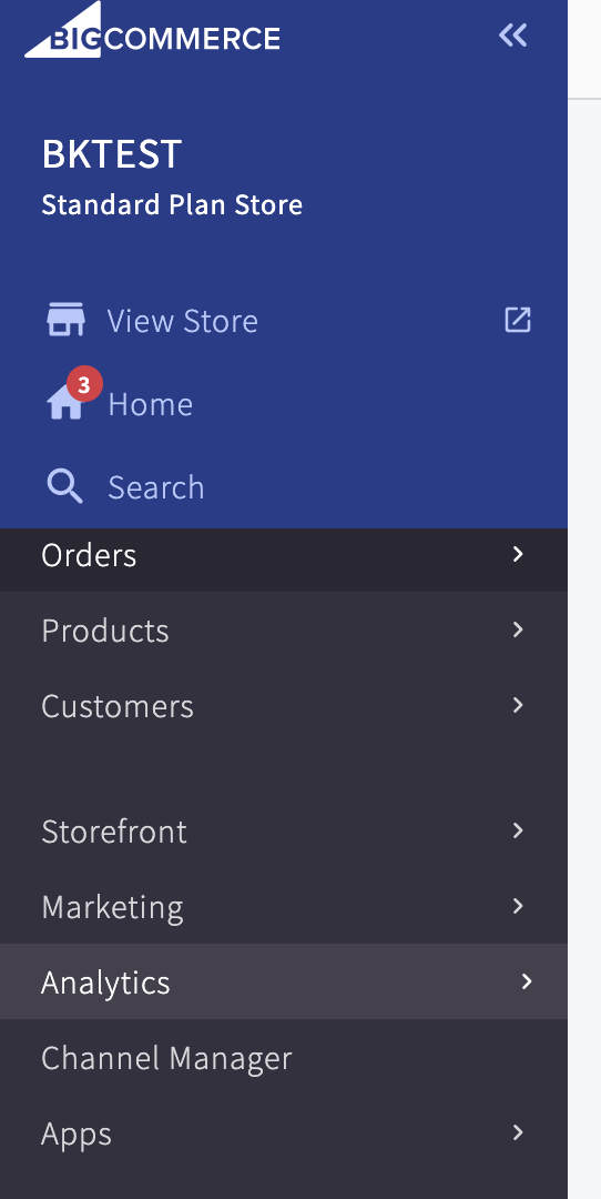 Screenshot showing the Analytics option in the BigCommerce dashboard