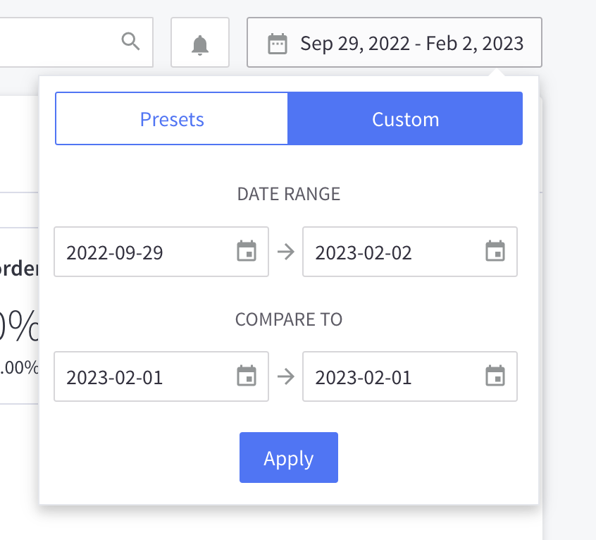 Screenshot showing the filter by date option in the BigCommerce dashboard