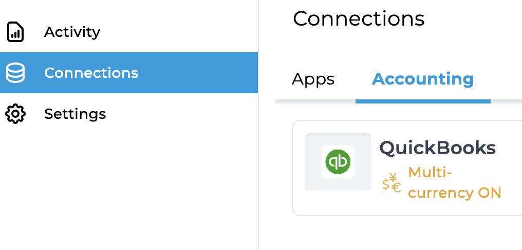 QuickBooks Online multicurrency feature indication in the Connections/Accounting tab