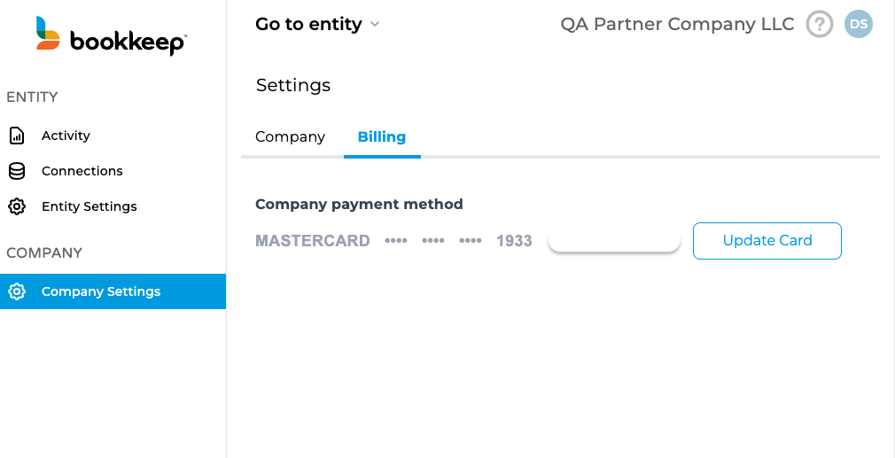 Screenshot showing the company billing menu