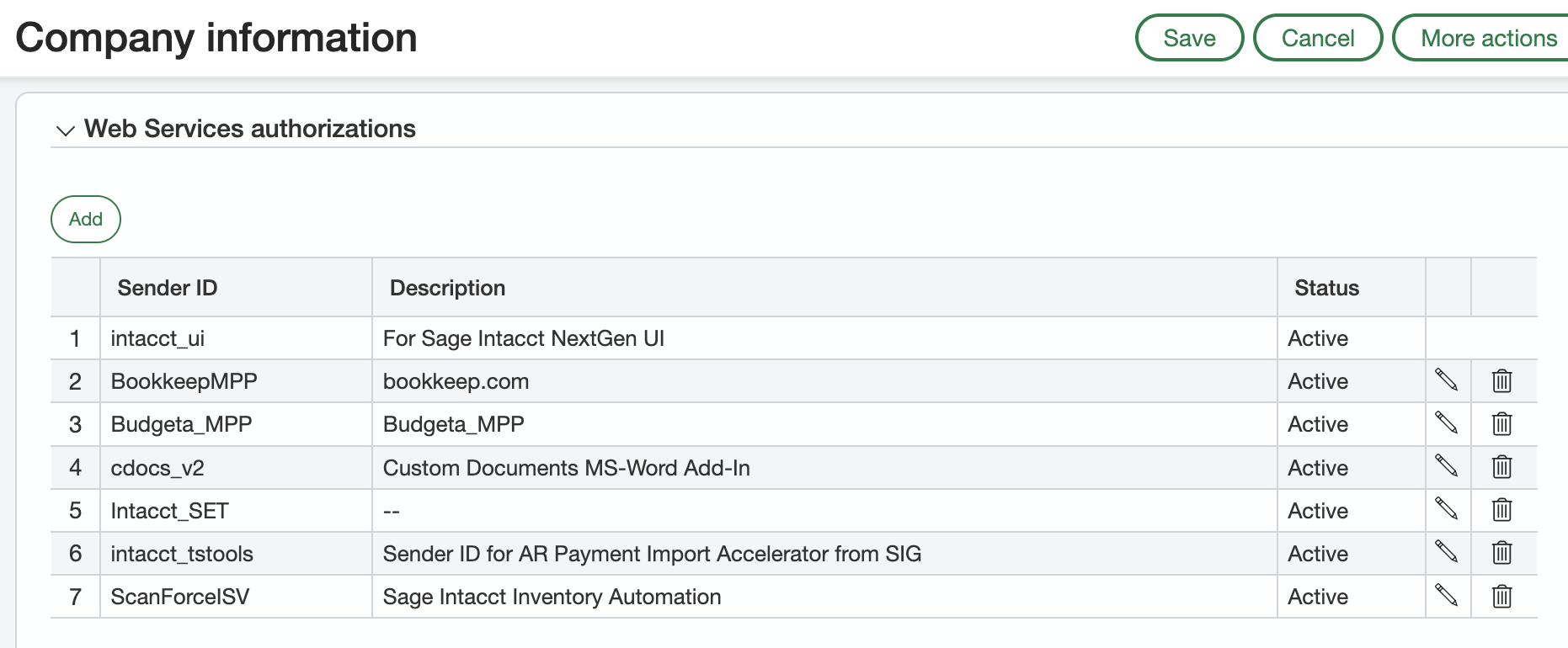 Intacct web services authorizations - Add