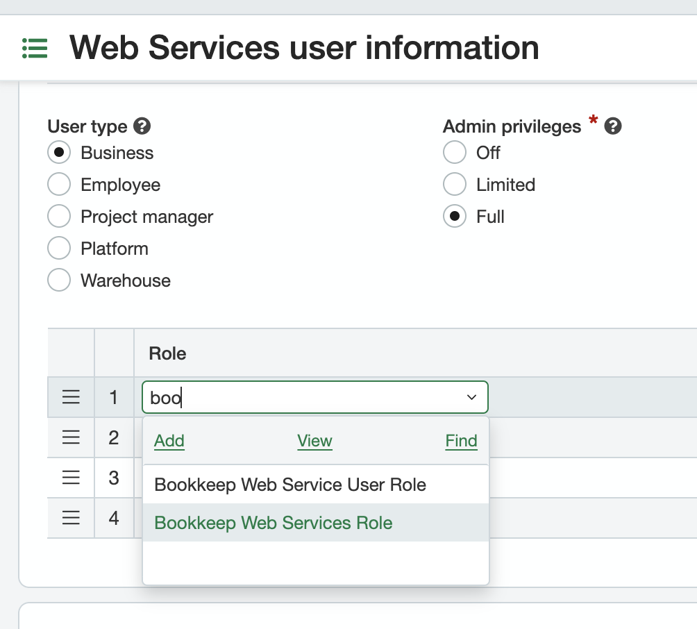 Intacct web services user role