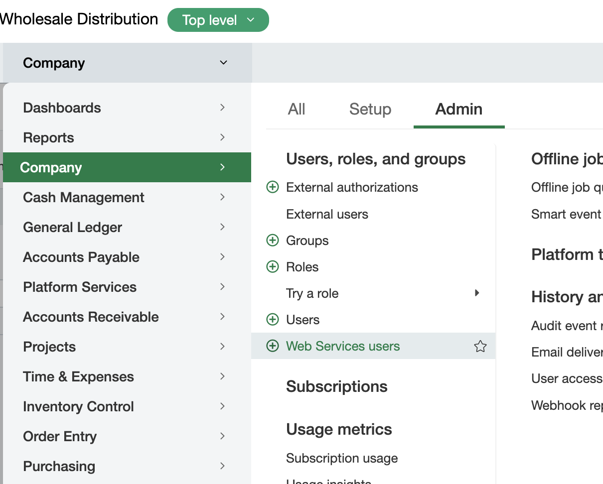 Intacct create web services user