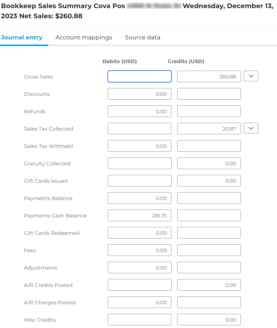 Screenshot of the Cova POS Sales Summary journal entry in Bookkeep