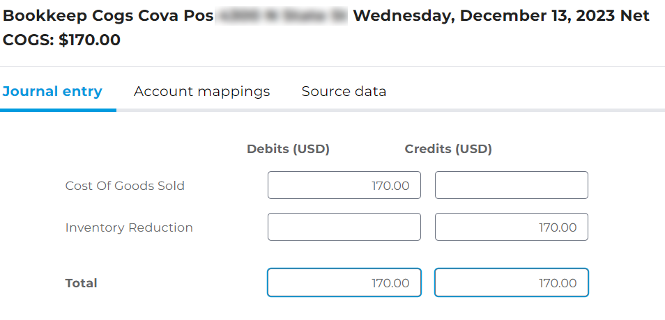 Screenshot of the Cova POS COGS journal entry in Bookkeep