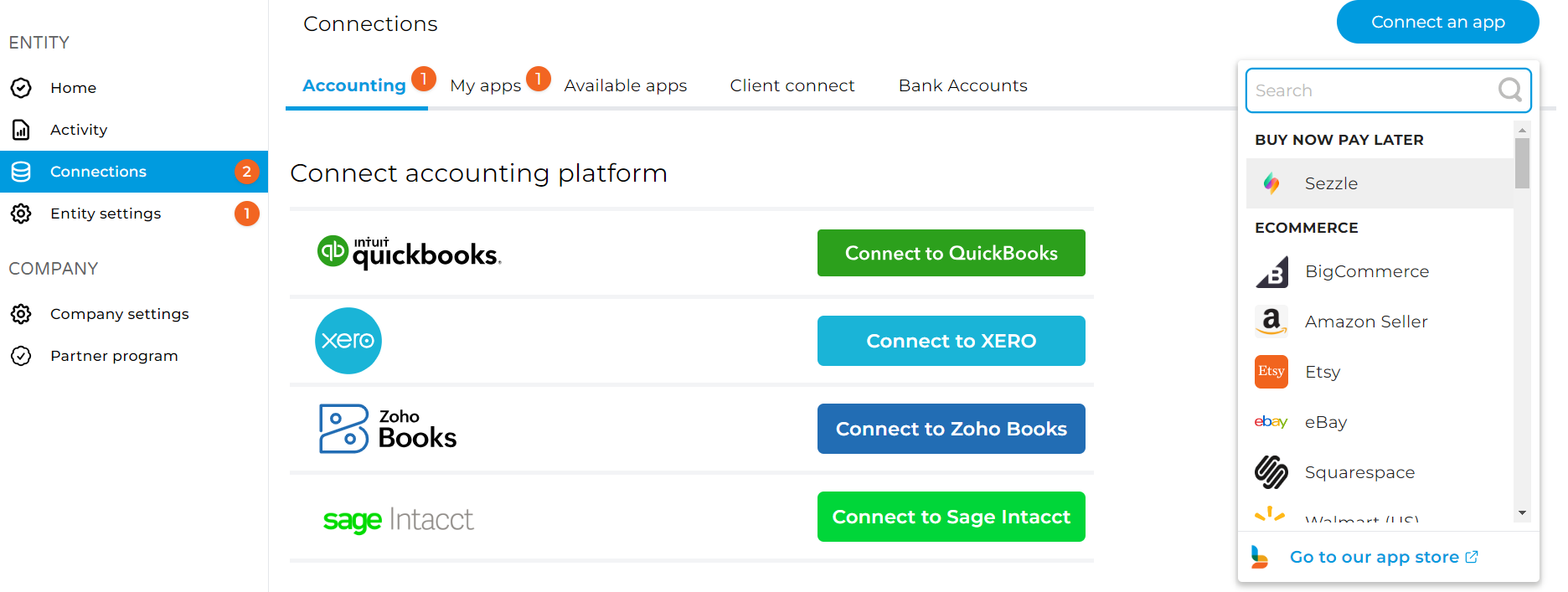 Connecting accounting platform and apps