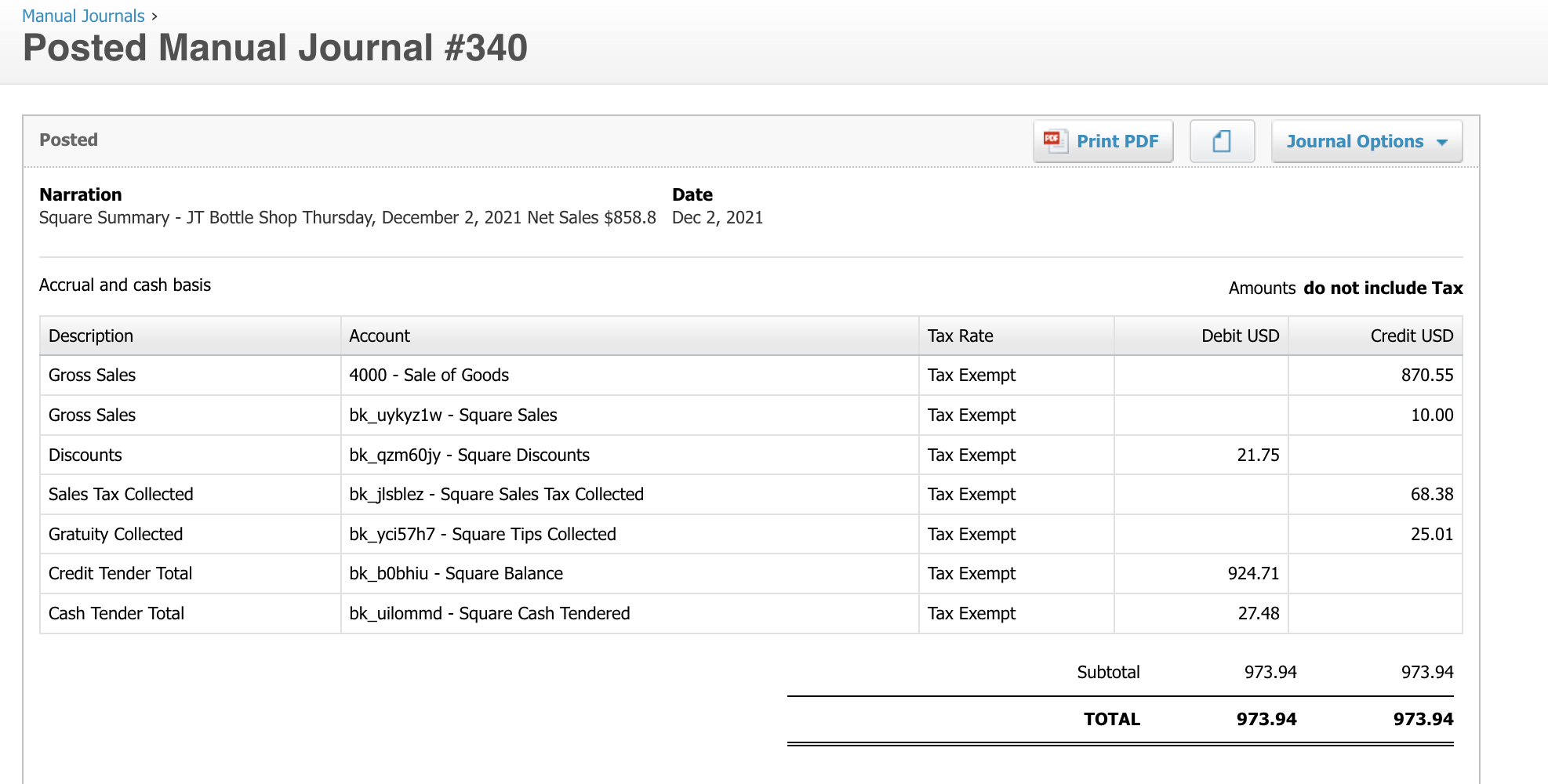 Screenshot of the corresponding journal entry posted to accounting in Xero