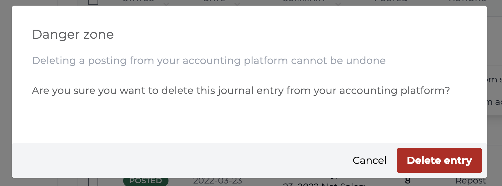 Screenshot displaying the alert to confirm deletion of the journal entry in Xero