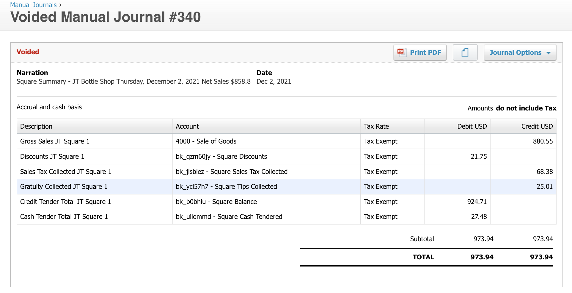 Screenshot showing the voided journal entry in Xero