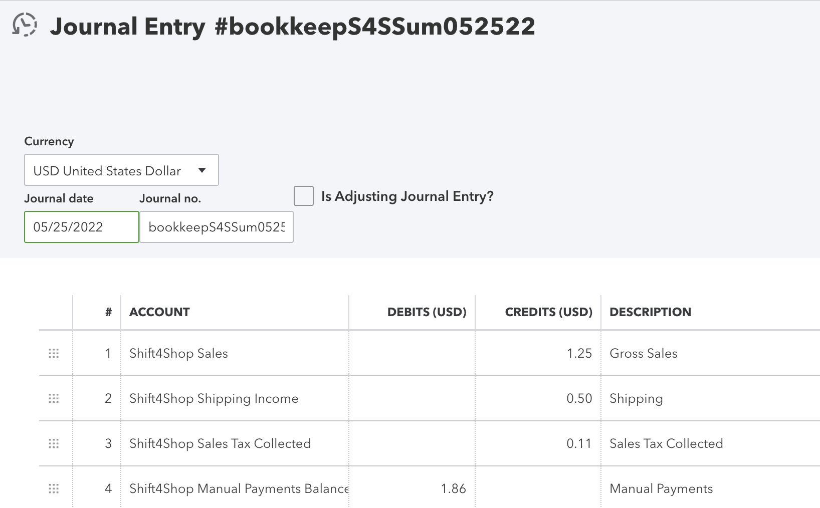 Screenshot of the corresponding journal entry posted to accounting in QuickBooks Online