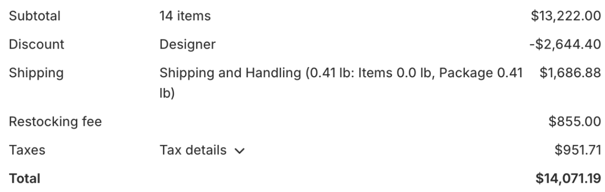 Example order displaying restocking fees in Shopify totaling $855