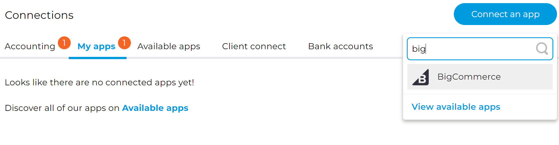 Screenshot showing the search for BigCommerce in the app integrations