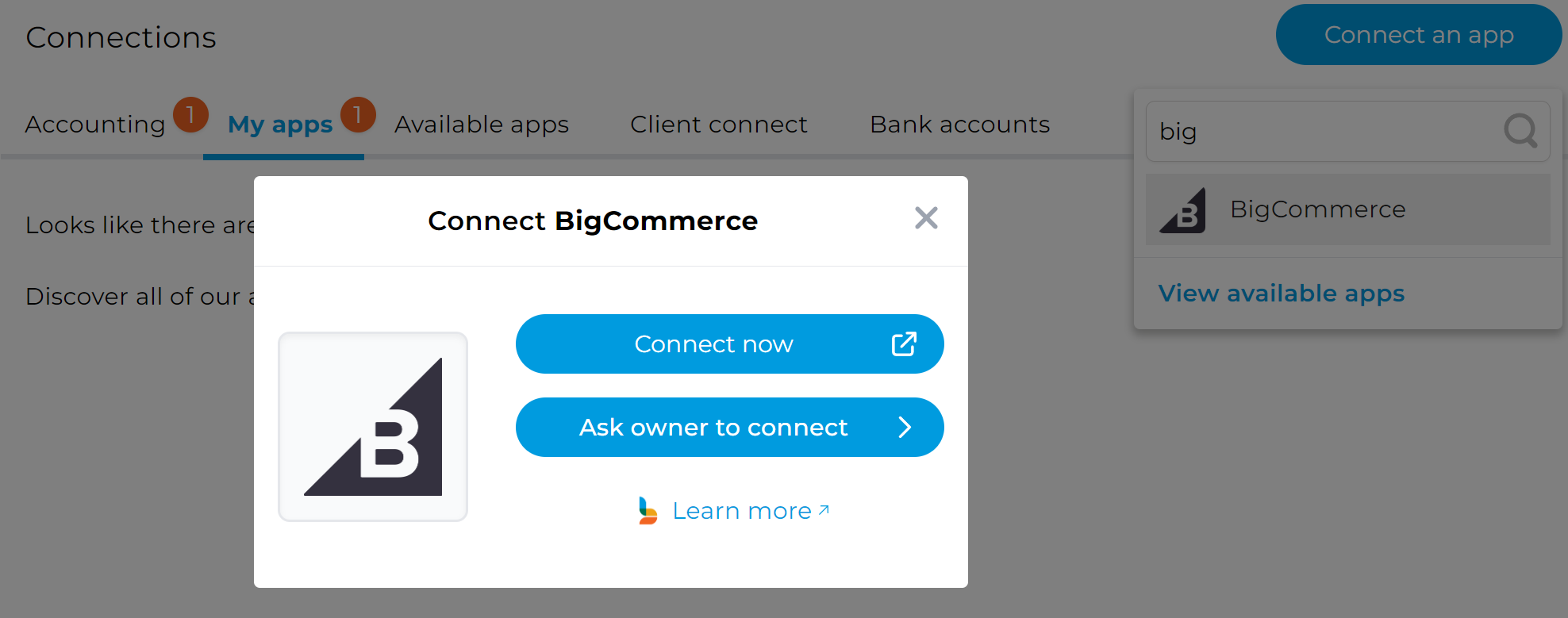 Screenshot showing the options to connect BigCommerce in the Bookkeep interface