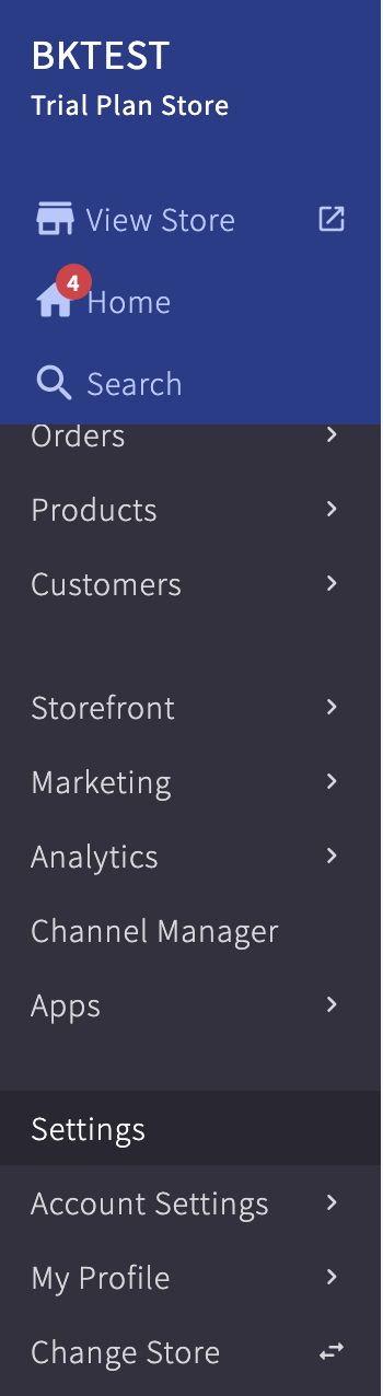 Screenshot showing the Settings option in the BigCommerce dashboard