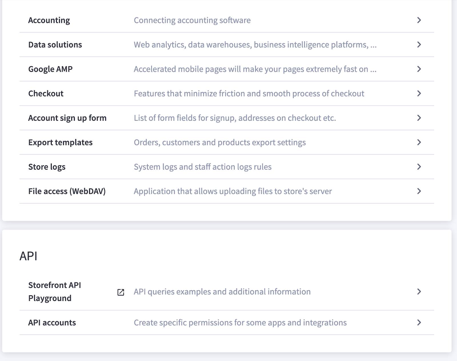 Screenshot showing the API Accounts option in the BigCommerce dashboard