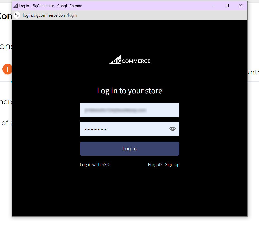 Screenshot of the BigCommerce login screen for entering store credentials