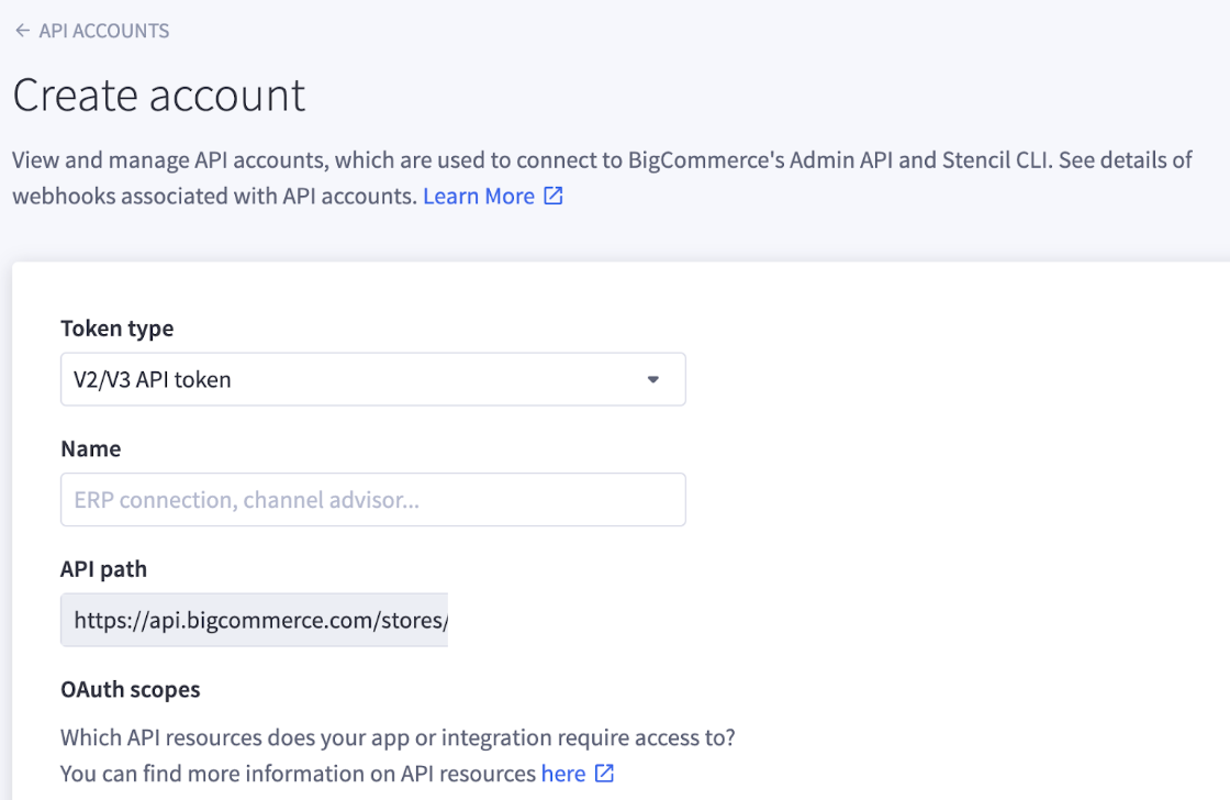 Screenshot showing the Create API Account view in the BigCommerce dashboard