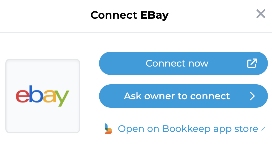 Image of the Bookkeep interface showing the option to connect eBay