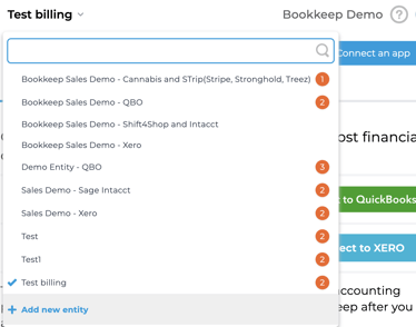 Bookkeep interface showing &quot;Bookkeep Demo&quot; company with entities listed in the dropdown