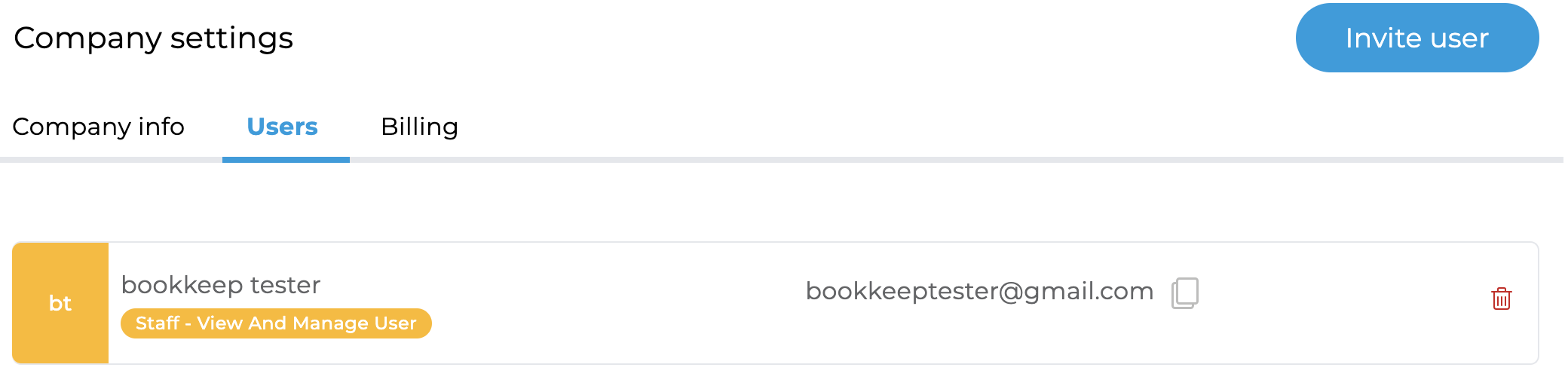 Bookkeep interface showing the red trash can icon for deleting users