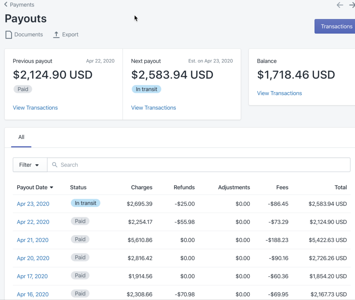 Shopify payout view