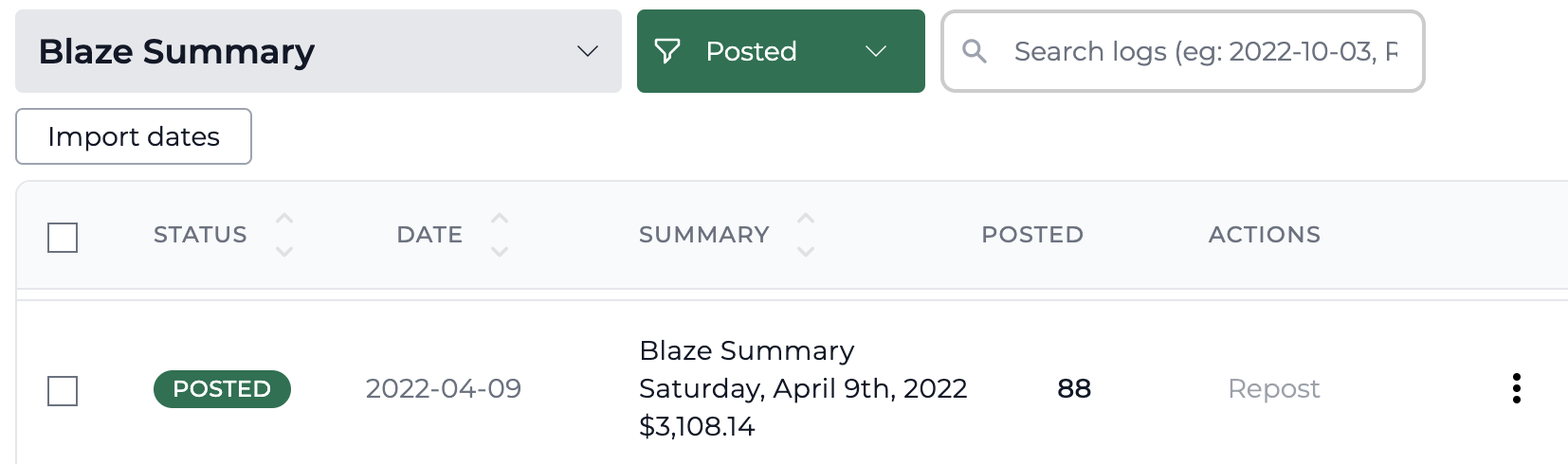 Screenshot showing the Blaze journal entry summary