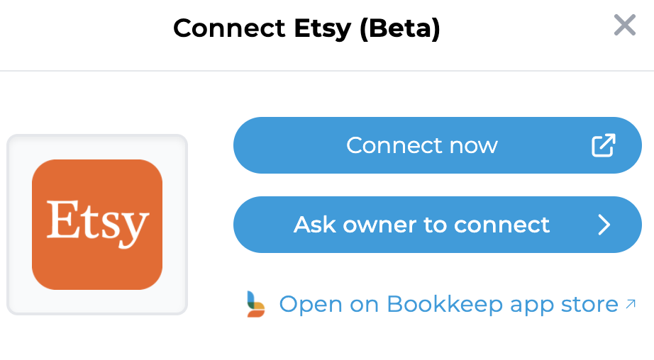 Etsy connection options screen