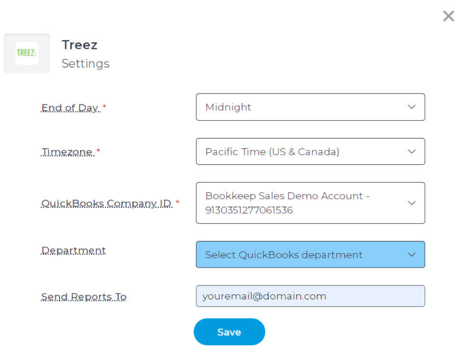 Screenshot showing how to configure end of day and time zone settings for Treez in Bookkeep