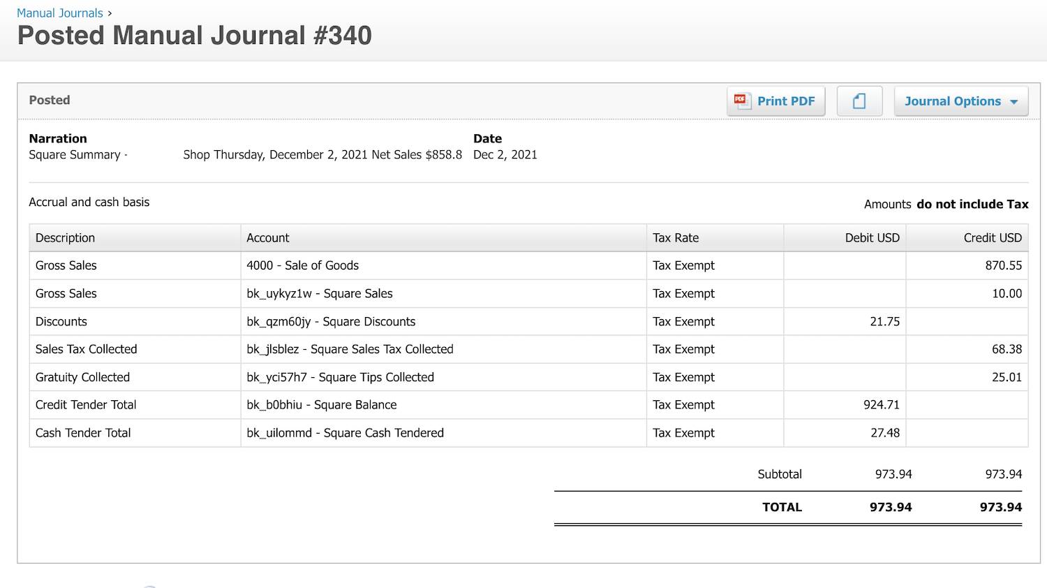 Screenshot showing the manual journal entry in Xero