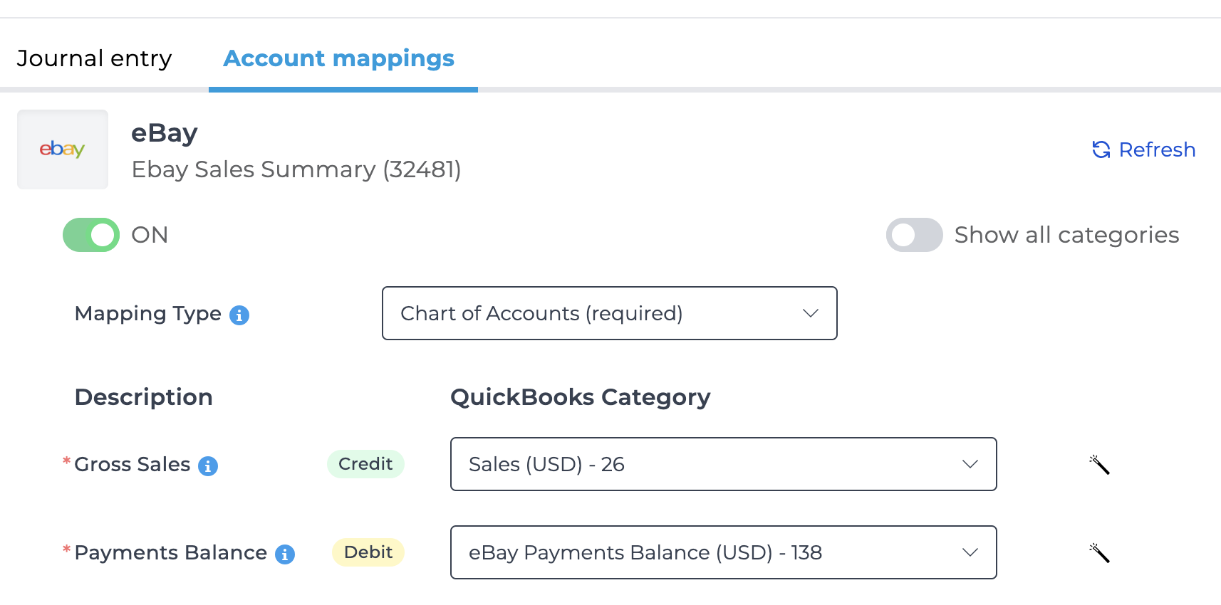 Screenshot showing the Mapping Type dropdown in Bookkeep