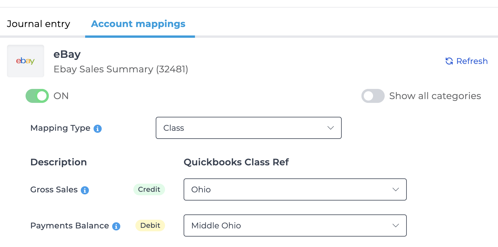 Screenshot of the Class mapping view in Bookkeep