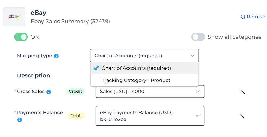 Screenshot showing the mapping type dropdown in Bookkeep