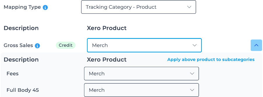 Screenshot showing the option to apply the same tracking category to subcategories in Bookkeep