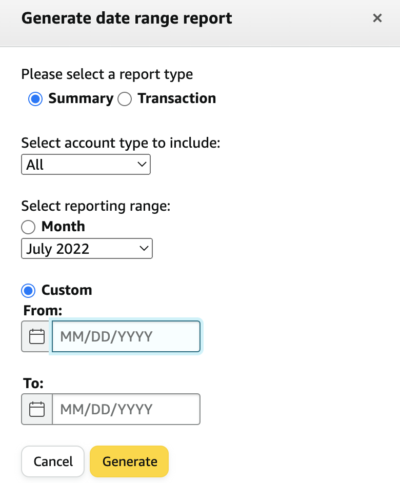 Screenshot showing the options for generating a date range report in Amazon Seller