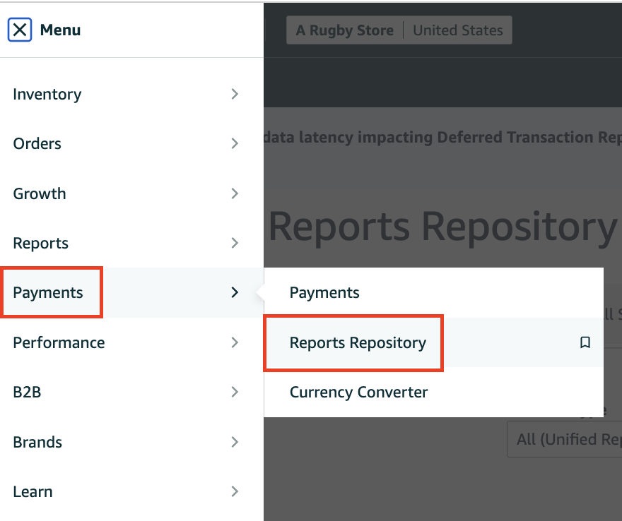 Screenshot showing the Reports option in the Amazon Seller dashboard