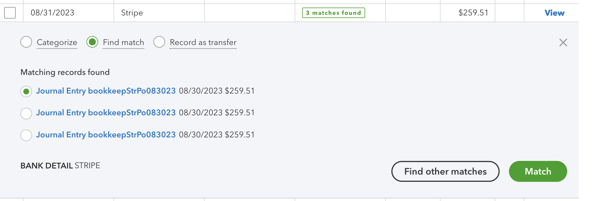 Multilple matches in QuickBooks