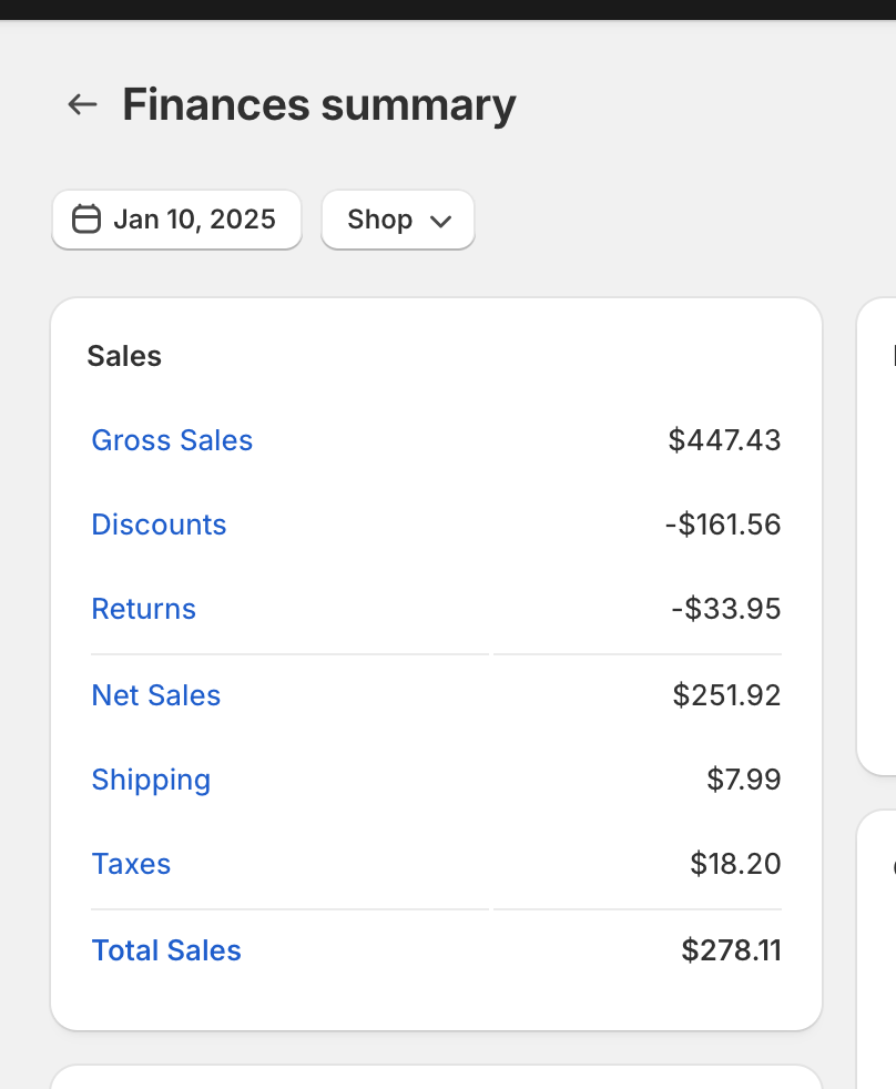 Shopify dashboard shows the collected amount and not the withheld amount