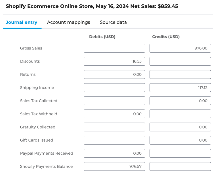 Grouping example of the “Online Store” with “Draft Orders” for posting financial data