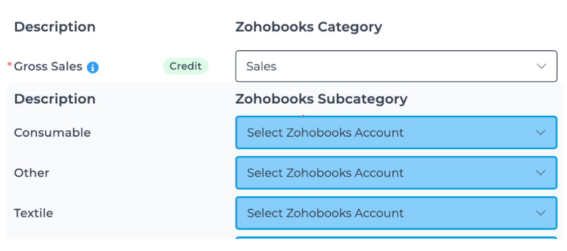 Example of categories and subcategories in a journal entry mapping