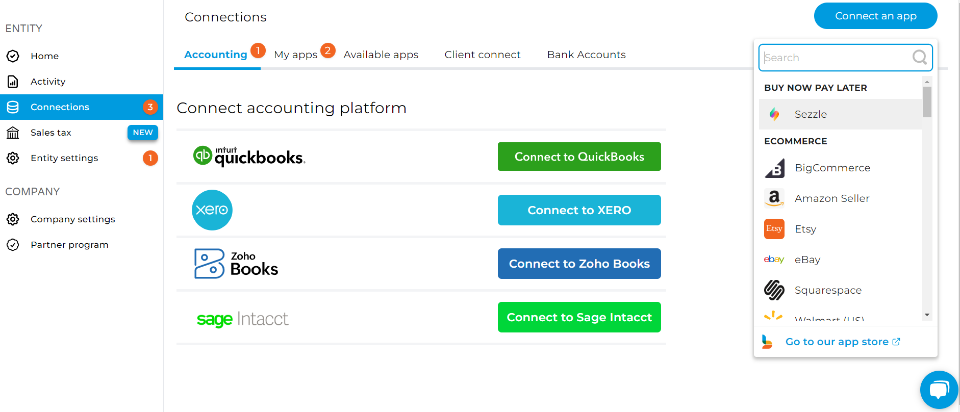 Bookkeep interface with multiple entities and app connections