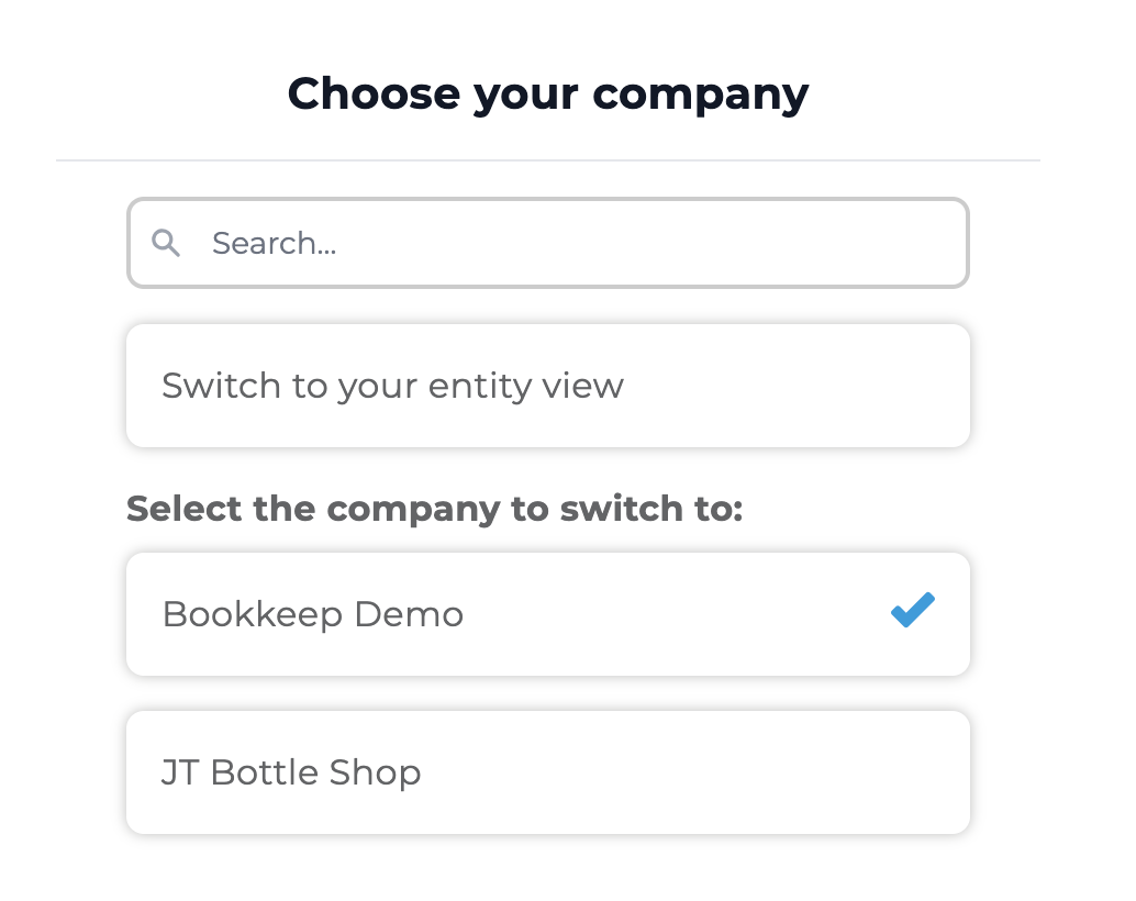 Bookkeep interface for selecting a company